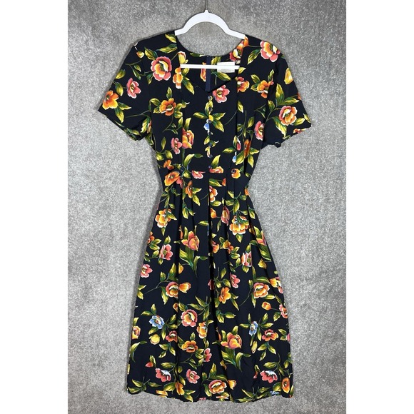 Kathie Lee Floral Midi Dress Womens Size 14 Sweetheart Pleated Short Sleeve VTG - Picture 1 of 8
